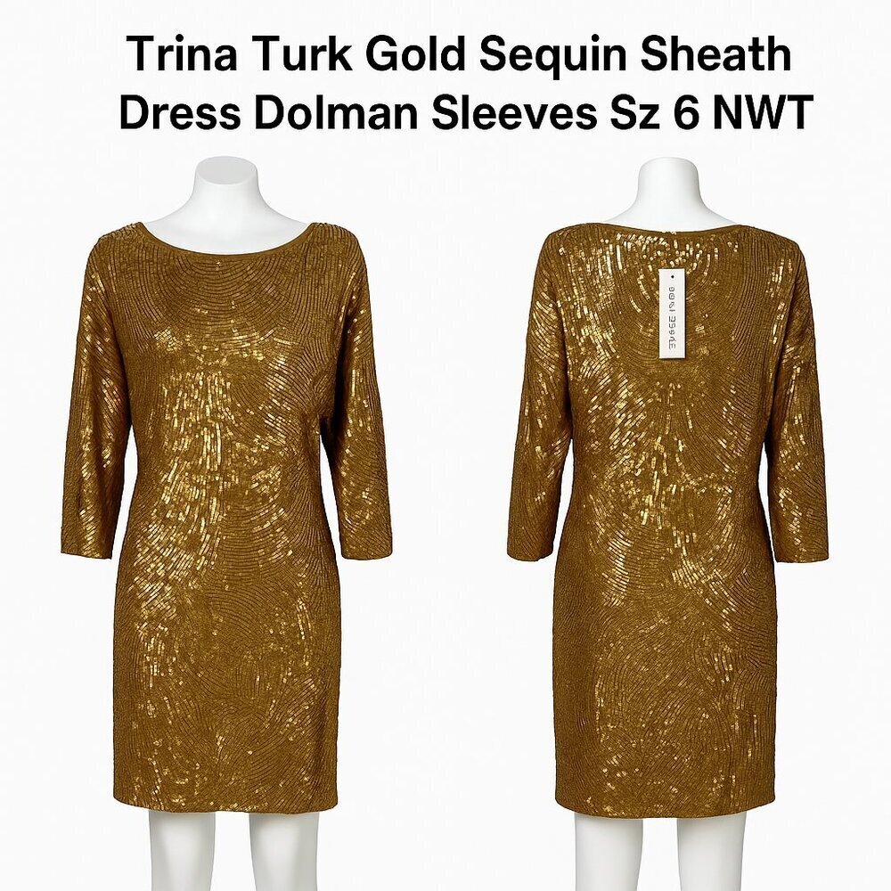 Trina Turk Gold Sequin Sheath Dress Dolman Sleeves Sz 6 NWT